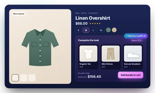 Shopify product page for a linen overshirt with a Complete the look bundle built by Lookfit AI: organic tee, slim chinos and canvas sneakers, saving 15 percent