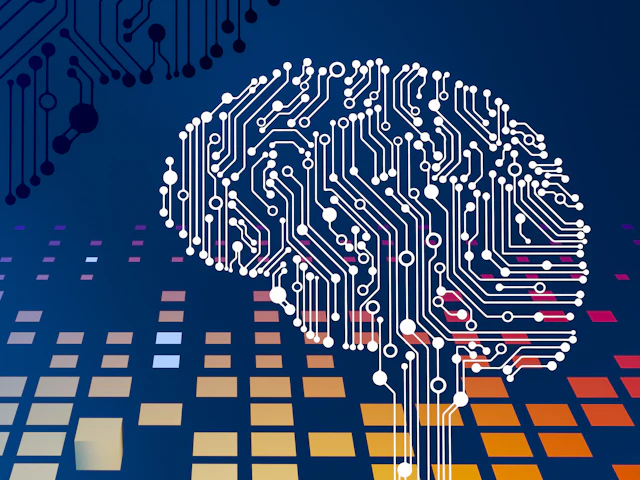 Illustration of a brain made of circuit board lines, representing AI