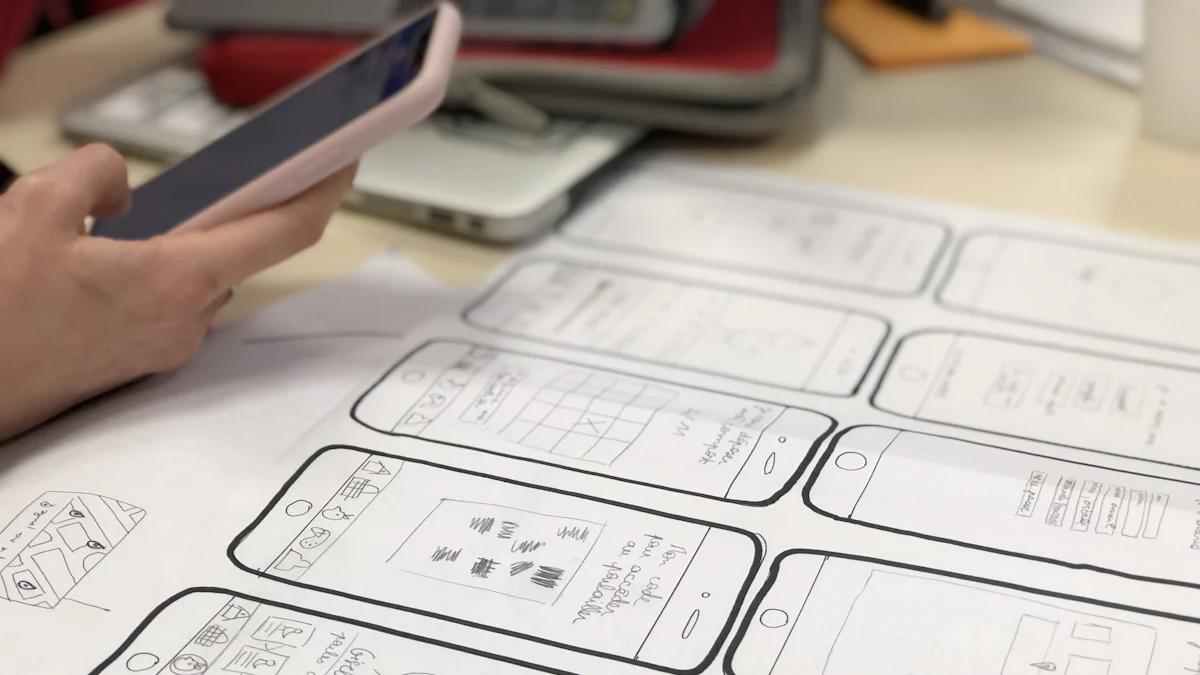 Smartphone held over paper app wireframes