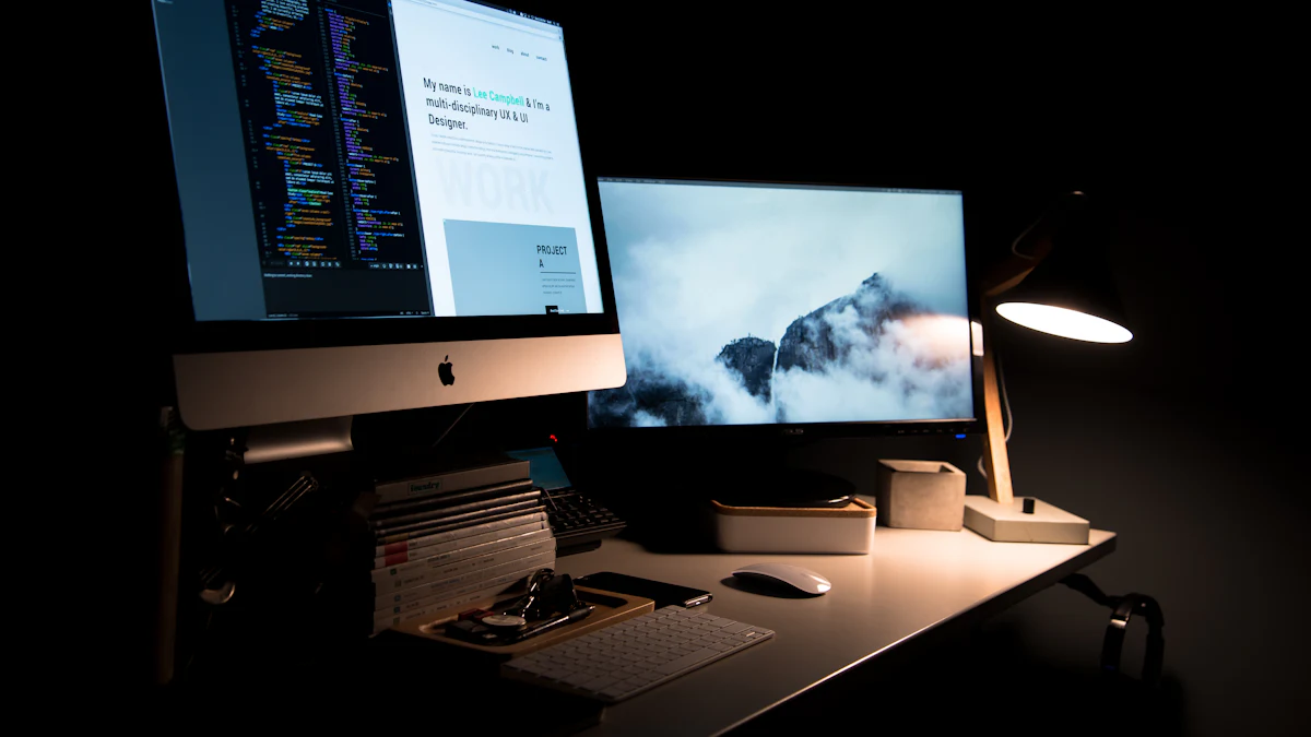 Designer desk with a desktop computer in a dark room
