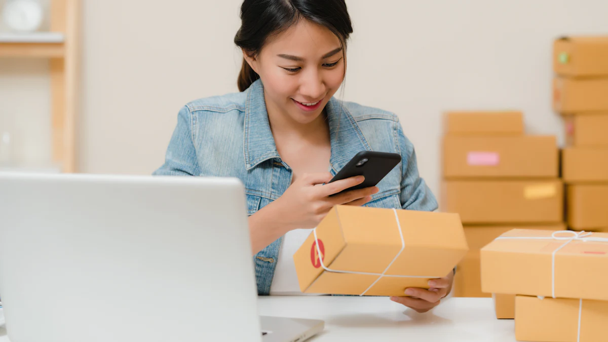 Store owner checking an order on her phone next to parcels and a laptop