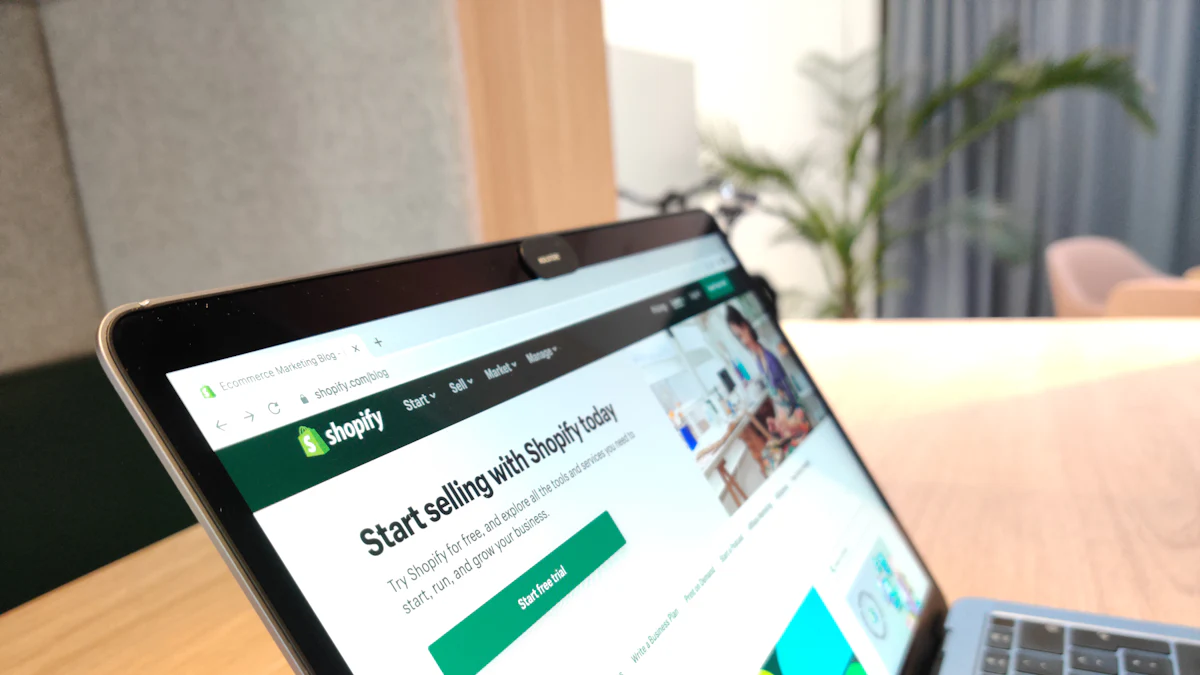 Laptop showing an online store on a wooden desk