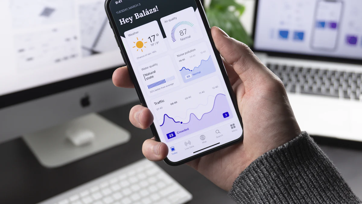 Person holding a smartphone showing an app dashboard